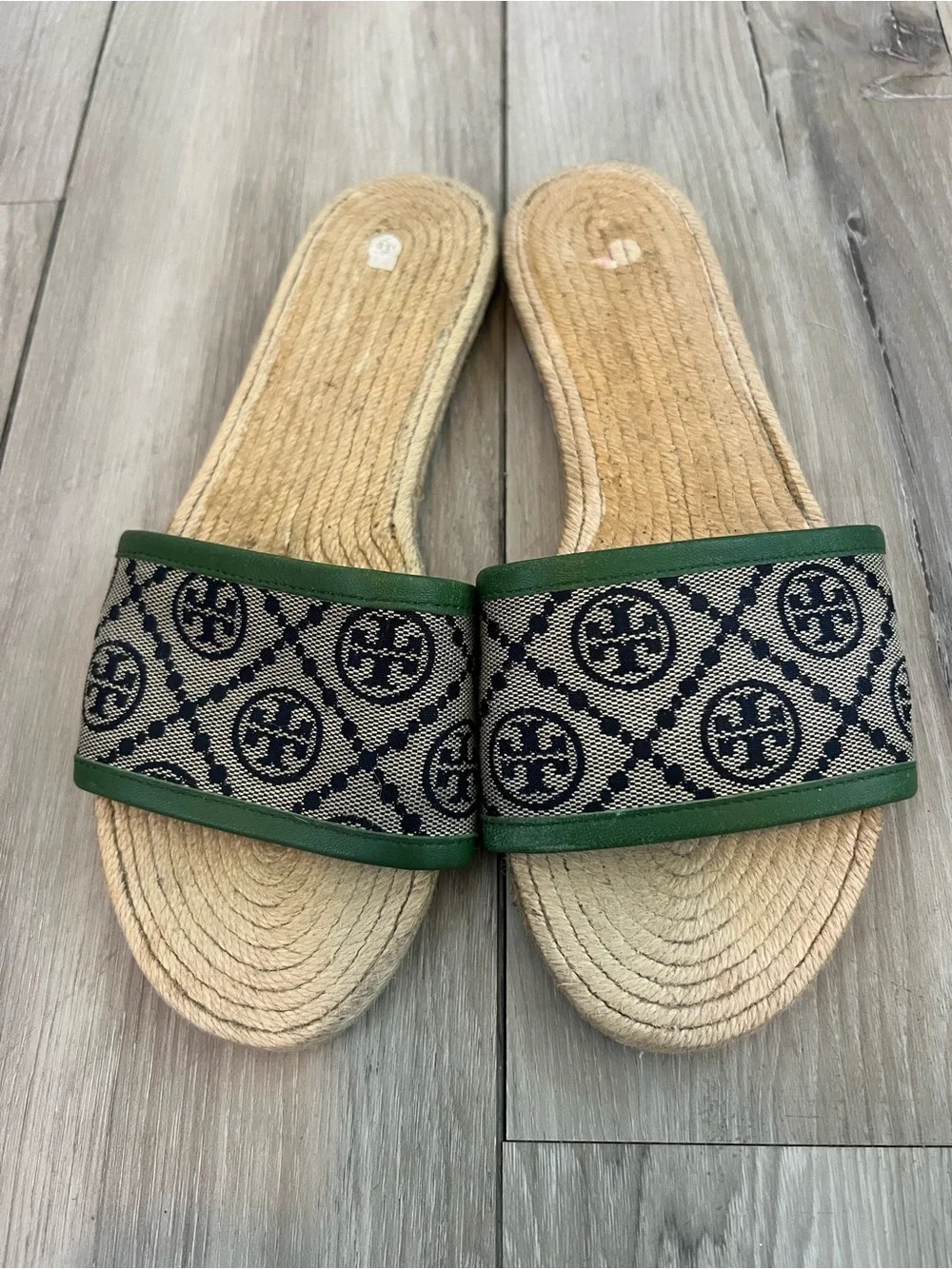 Tory Burch Monogram Espadrille Slides Sandals Green Tan Womens 8